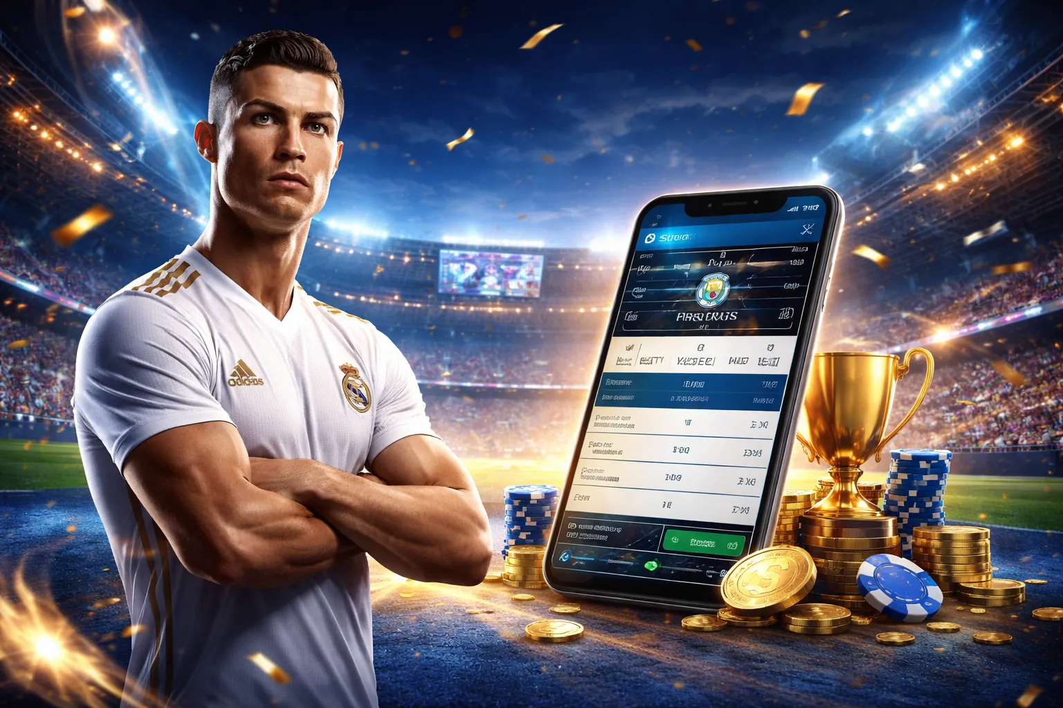 Hình ảnh sân vận động với ánh đèn rực rỡ và biểu tượng 69 Win